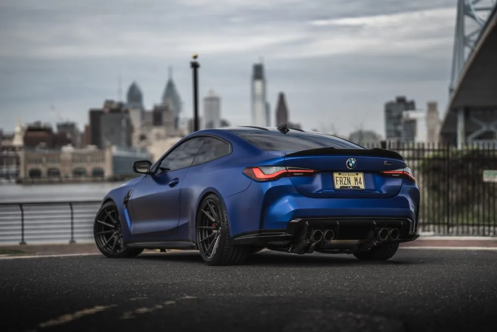 Blue G82 M4 in profile on the waterfront