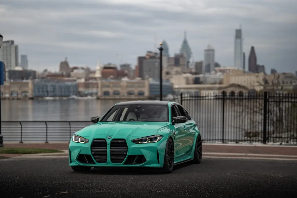 Teal G80 M3 with the Philadelphia skyline