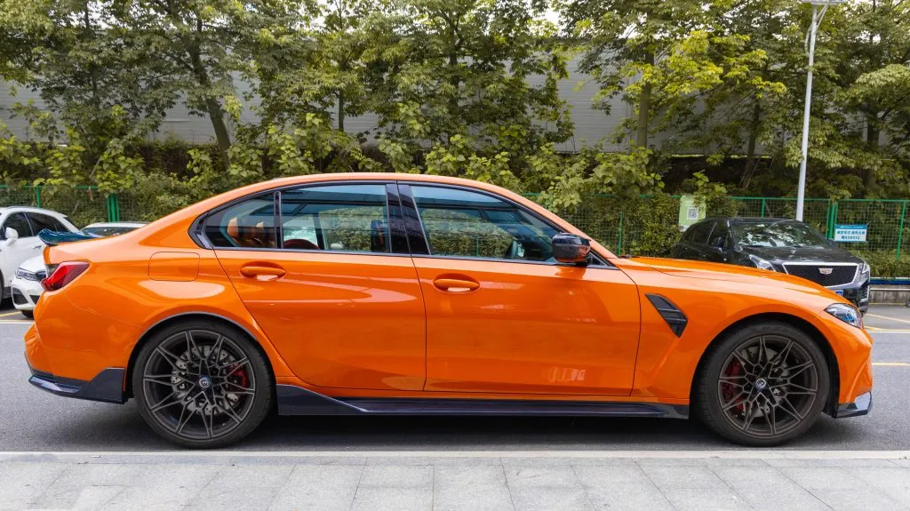 BMW M3 G80 MP style prepreg dry carbon fiber full replacement side skirts with winglet — image 3 of 6