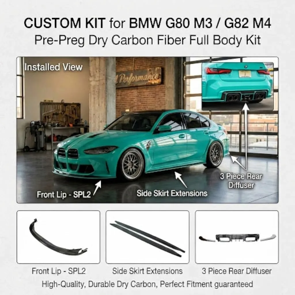 BMW G80 M3 G82 M4 Pre-Preg Dry Carbon Fiber Full Body Kit  | Front Lip-SPL2 | 3 Piece Rear Diffuser | Side Skirt Extensions — image 1 of 14