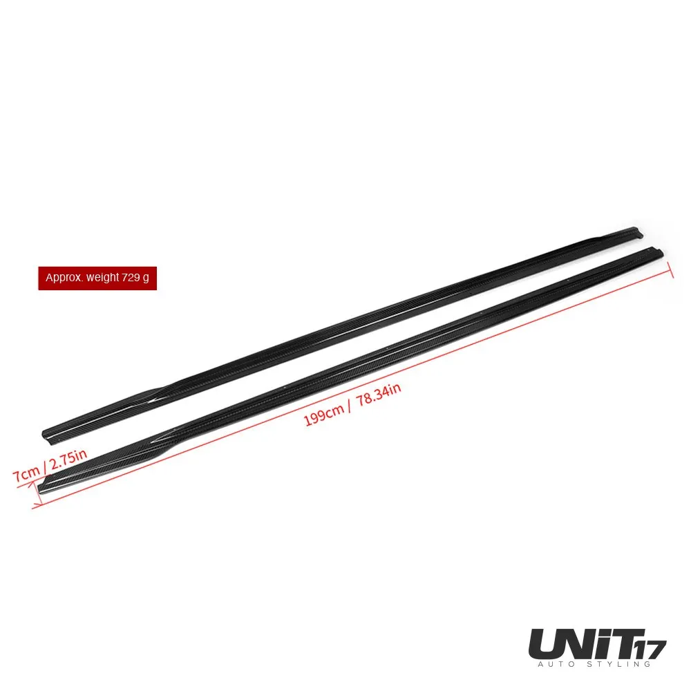 Side skirt dimension graphic showing 199cm length and 7cm width